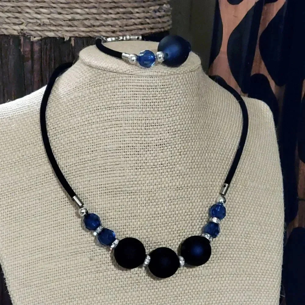 Rubber Coated Vintage Beads Blue Black and Silver Necklace Bracelet Jewelry Set